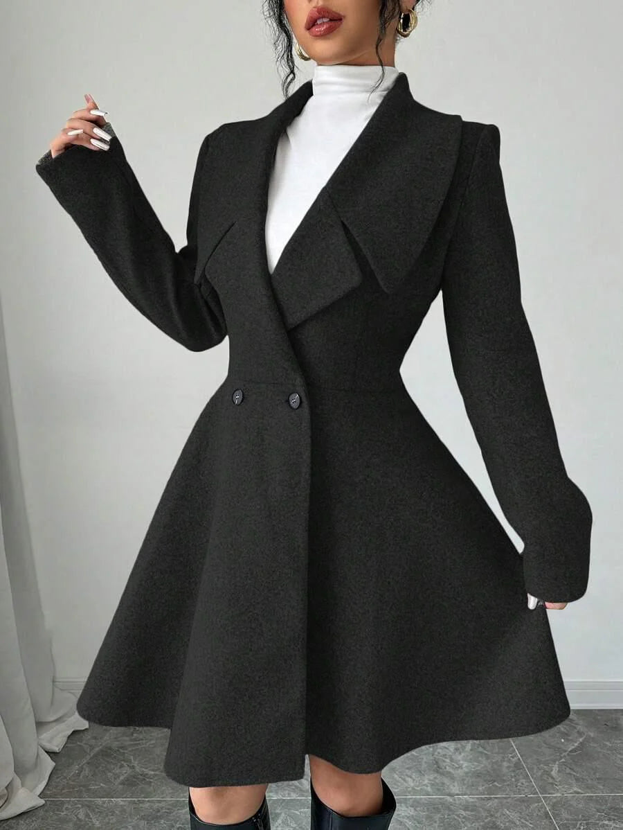 Elegant Minimalist Wool Overcoat With Waterfall Neckline