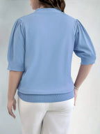 Plus Size V Neck Puff Sleeve Solid Knit Pullover Sweater