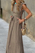 Yolanda Premium Casual Floral Print Street Dresses with Pocket Ruffles and a Line V Neck Statement Occasion Edit