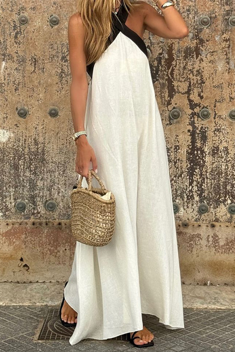 Ximena Minimalist Casual Sling Dresses with Patchwork Contrast and V Neck Boutique Dress Collection