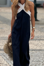 Ximena Minimalist Casual Sling Dresses with Patchwork Contrast and V Neck Boutique Dress Collection