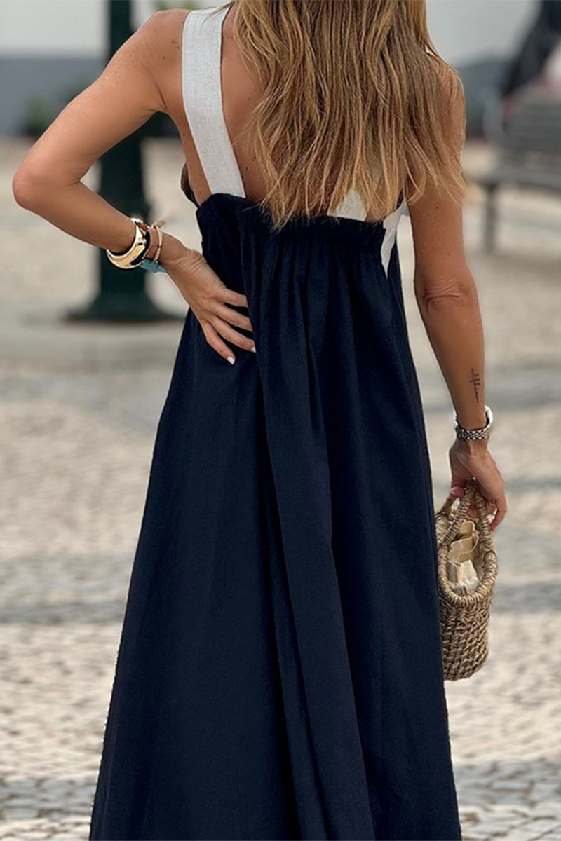 Ximena Minimalist Casual Sling Dresses with Patchwork Contrast and V Neck Boutique Dress Collection