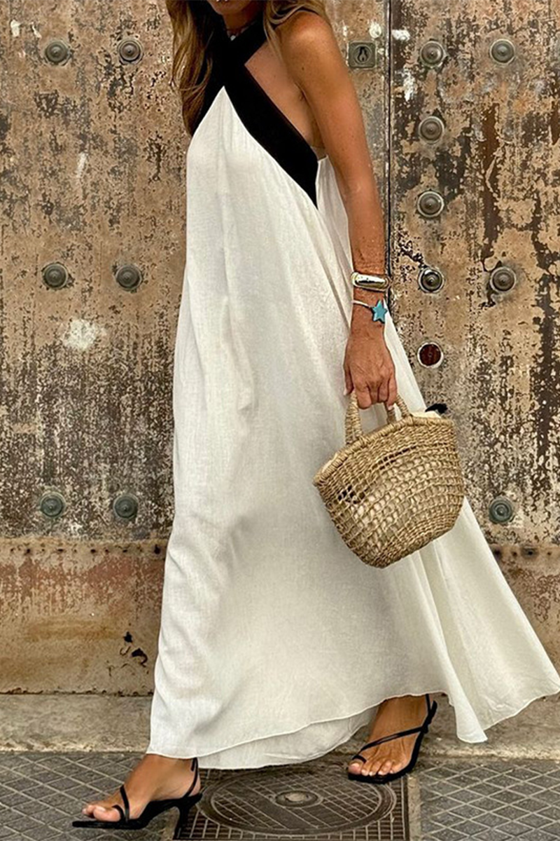 Ximena Minimalist Casual Sling Dresses with Patchwork Contrast and V Neck Boutique Dress Collection