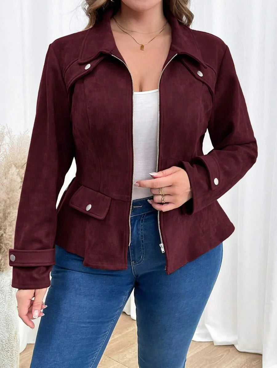 Plus Size Rust Brown Zipper Front Jacket With Casual Fit