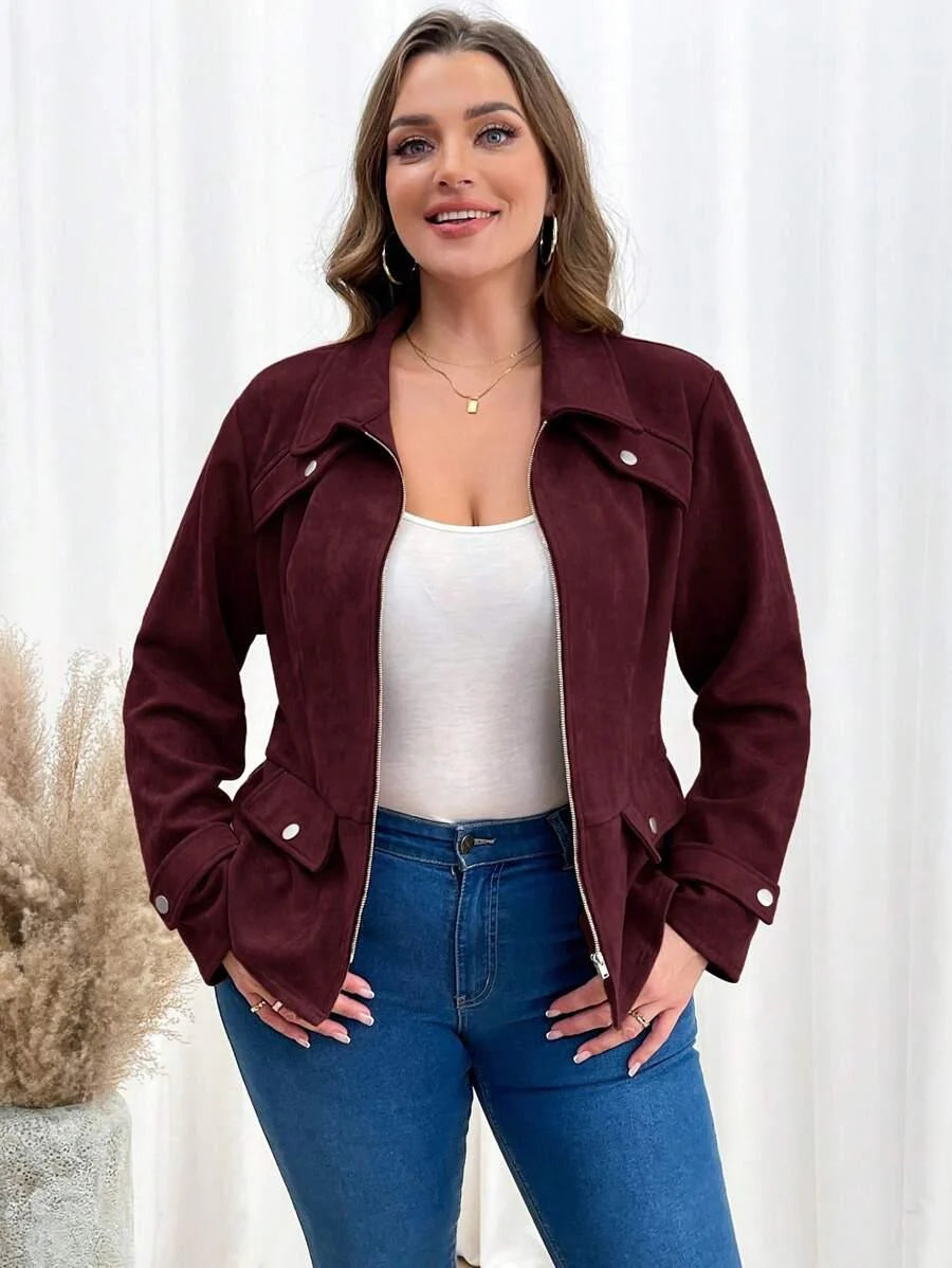 Plus Size Rust Brown Zipper Front Jacket With Casual Fit