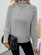White Pointelle Hollow Out Raglan Sleeve Pullover Sweater Cozy Winter Casual Knit For Daily Wear