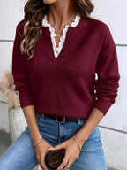 Blue Lace Collar Knit Pullover Notched Neck Casual Fall Winter Sweater For Everyday Warmth