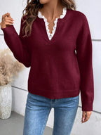 Blue Lace Collar Knit Pullover Notched Neck Casual Fall Winter Sweater For Everyday Warmth