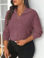 Plus Size Fuzzy Collar Quarter Zip Cozy Sweater