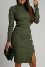 Magaly Timeless Casual Dresses with Buttons, Slits, Potholes, Half Turtleneck and Wrap Skirt (3 Colors) Boutique Dress Collection