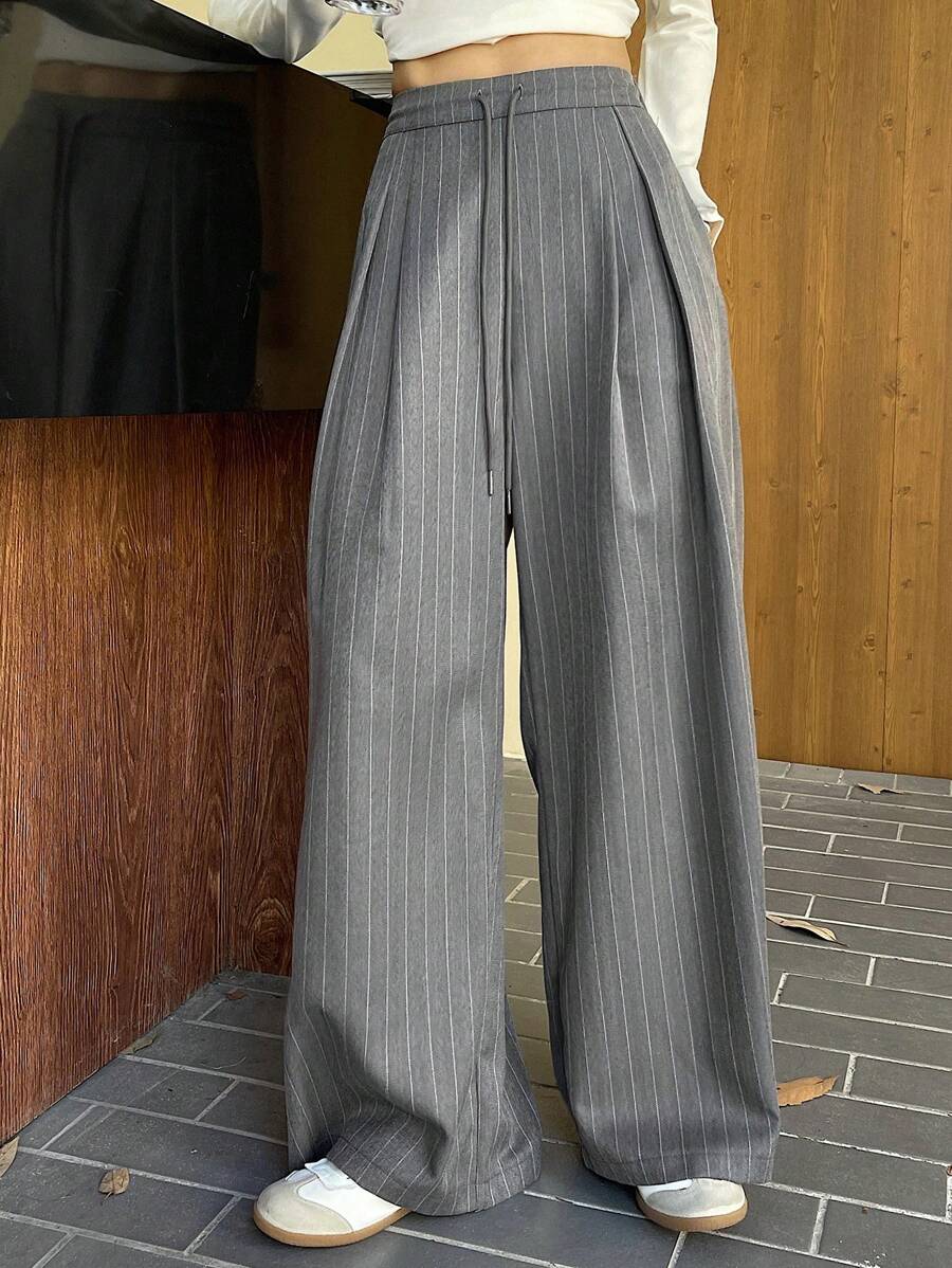 Minimalist Wide Leg Pants For Women Casual Solid Color Long Loose Mid Waist Trousers