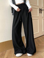 Minimalist Wide Leg Pants For Women Casual Solid Color Long Loose Mid Waist Trousers