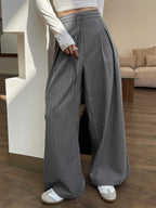Minimalist Wide Leg Pants For Women Casual Solid Color Long Loose Mid Waist Trousers