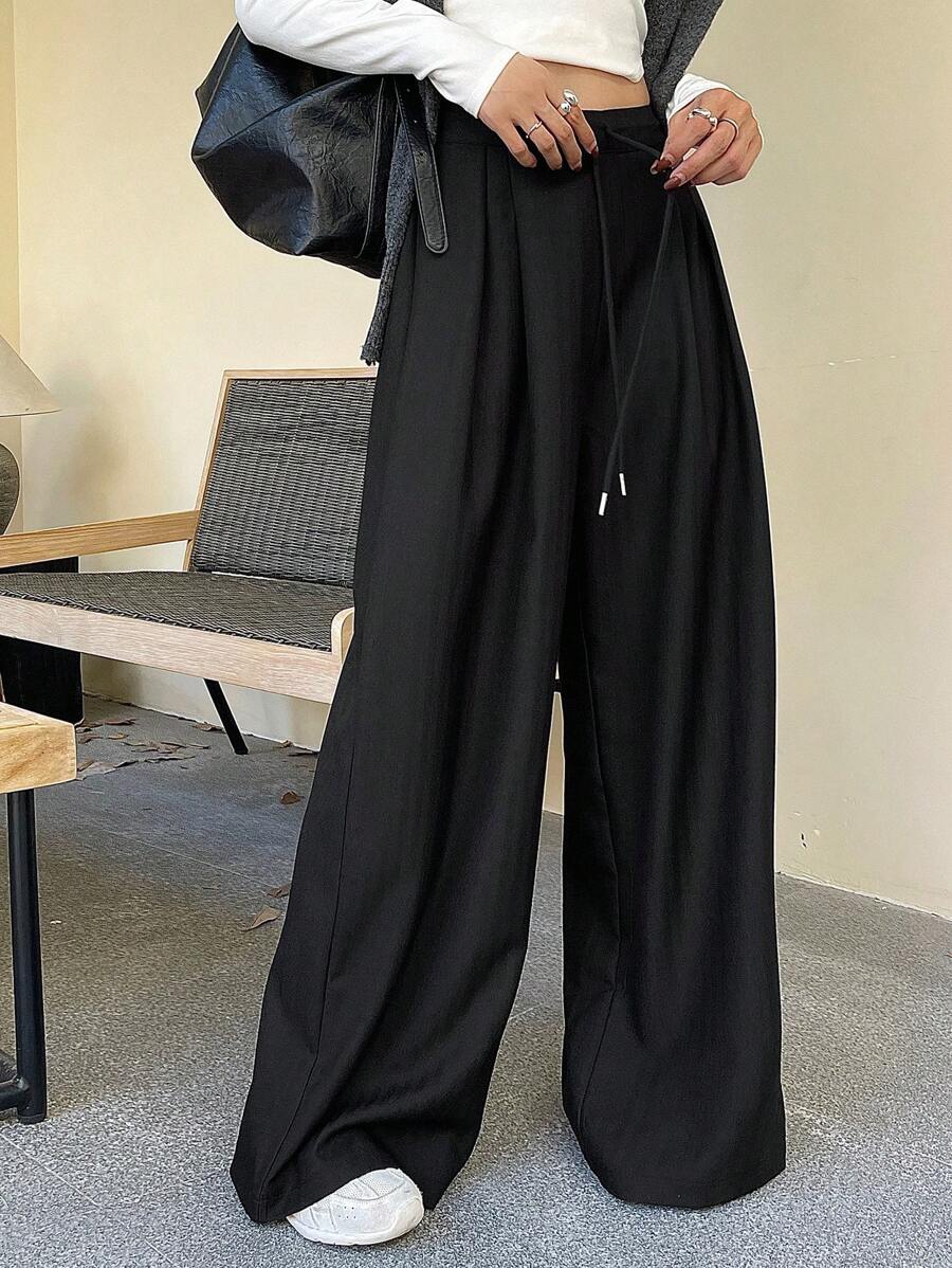 Minimalist Wide Leg Pants For Women Casual Solid Color Long Loose Mid Waist Trousers