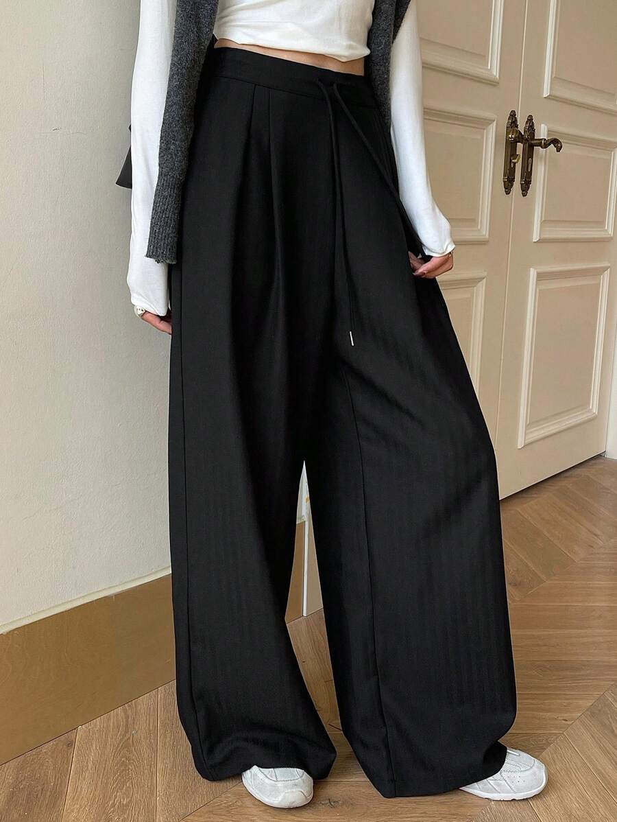 Minimalist Wide Leg Pants For Women Casual Solid Color Long Loose Mid Waist Trousers