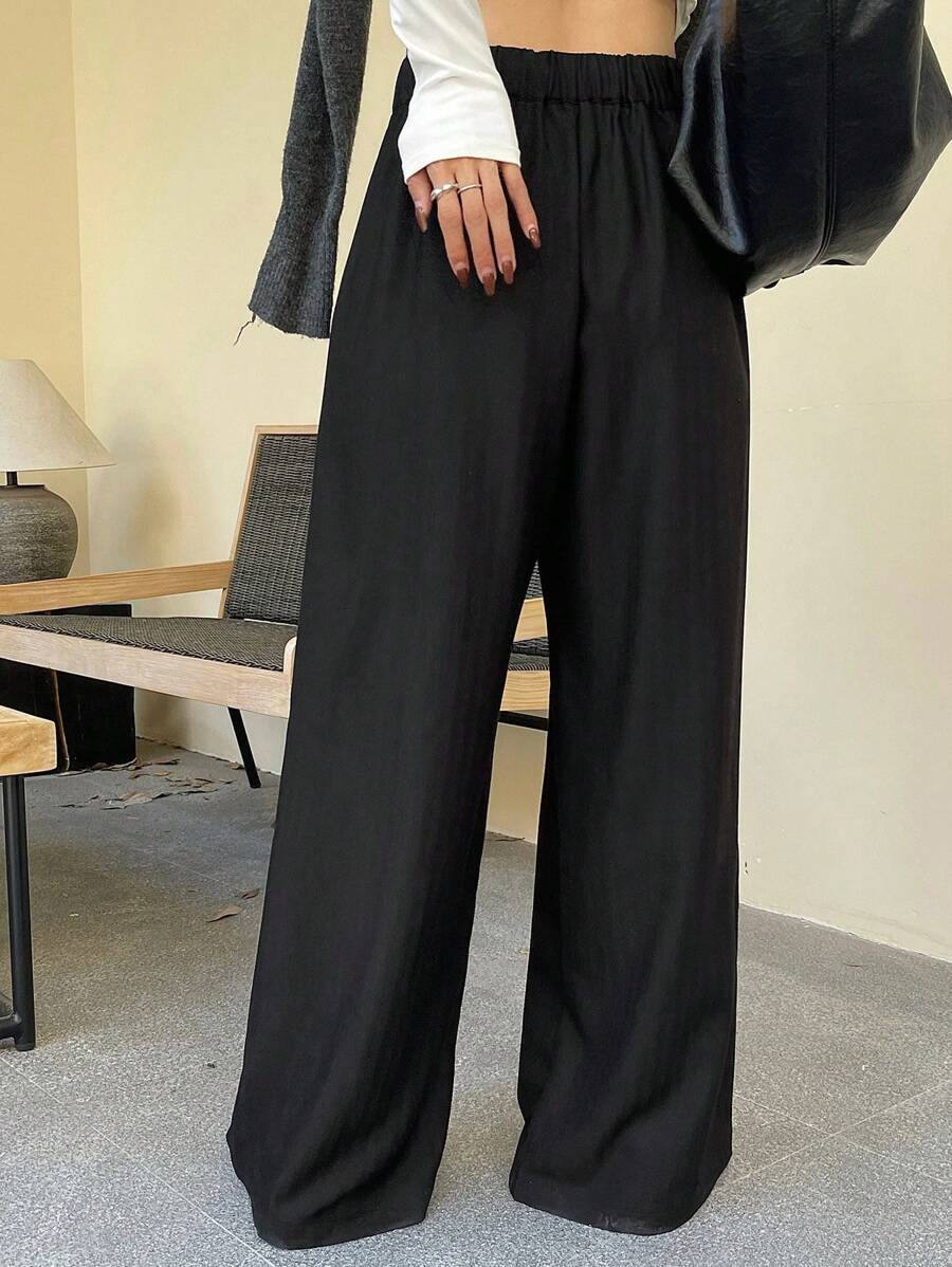 Minimalist Wide Leg Pants For Women Casual Solid Color Long Loose Mid Waist Trousers