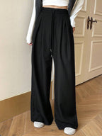 Minimalist Wide Leg Pants For Women Casual Solid Color Long Loose Mid Waist Trousers