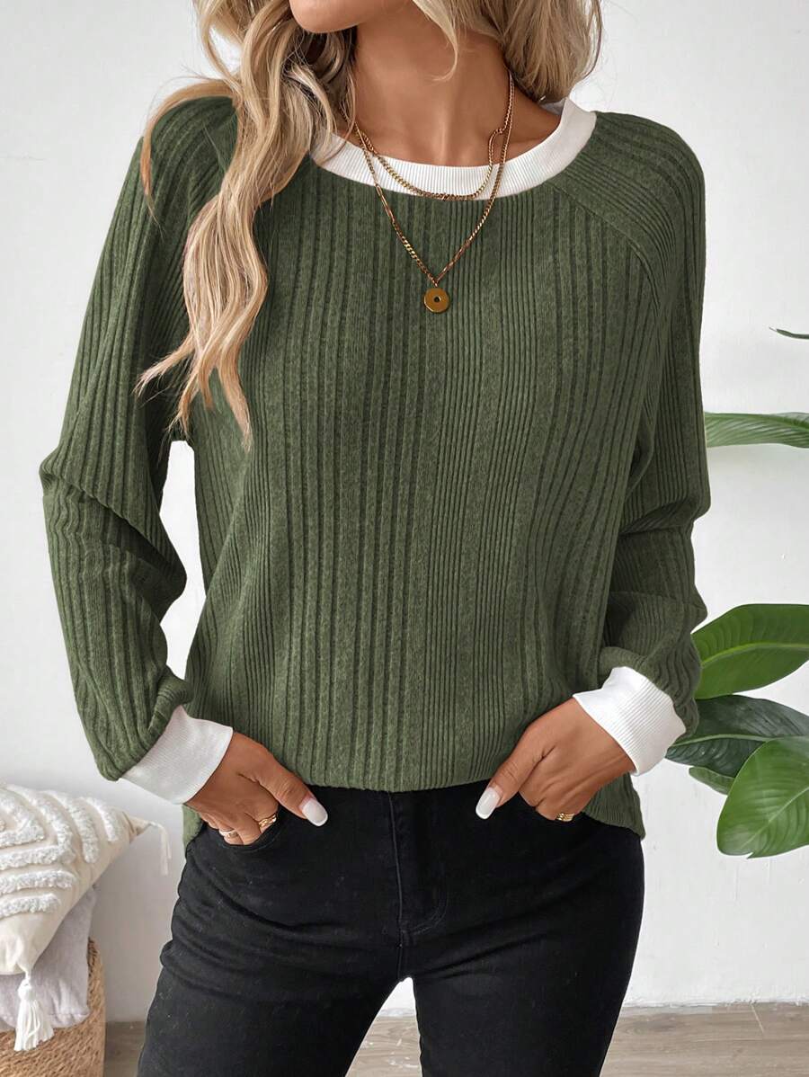 Colorblock Raglan Sweatshirt Round Neck Pullover Lined For Warmth Casual Daily