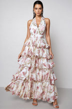 Elysiay White V-neck Printed Maxi Dress