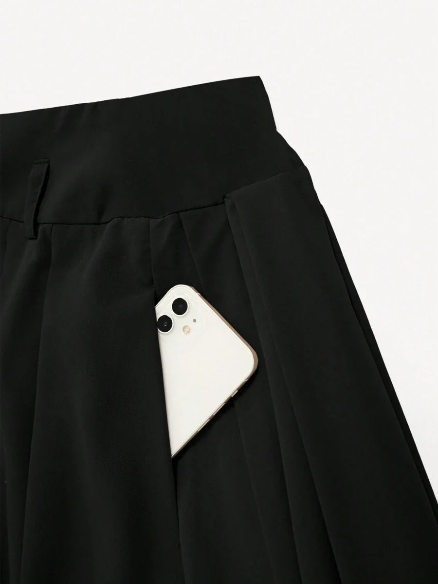 Pleated High Waist Decorative Belt Skirt With Pockets