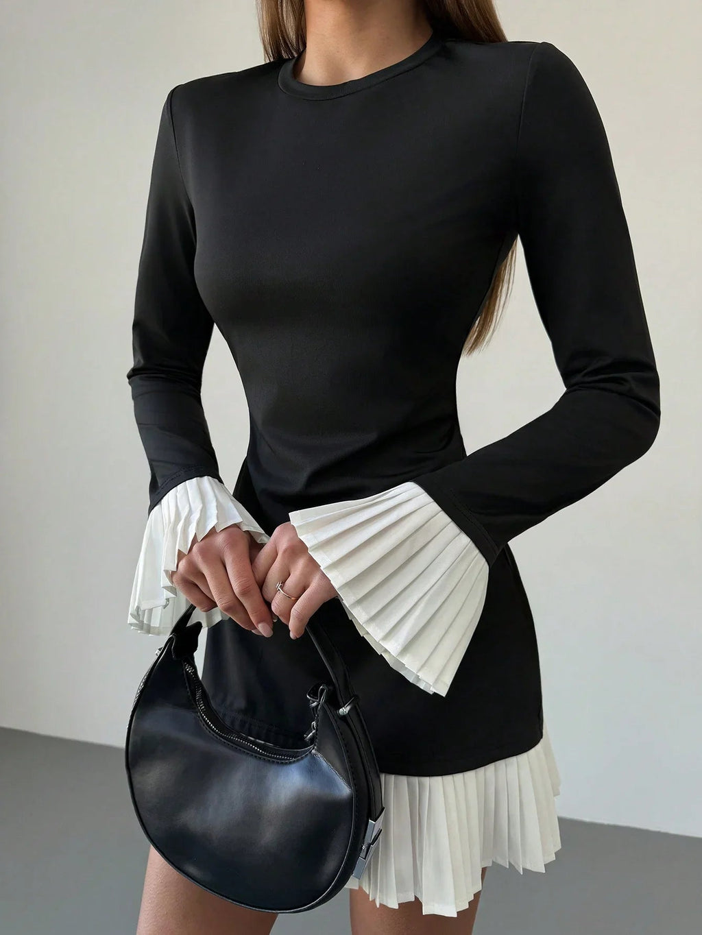 Flattering Round Neck Long Sleeve Colorblock Splice Dress
