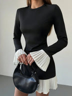 Flattering Round Neck Long Sleeve Colorblock Splice Dress