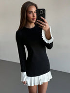 Flattering Round Neck Long Sleeve Colorblock Splice Dress