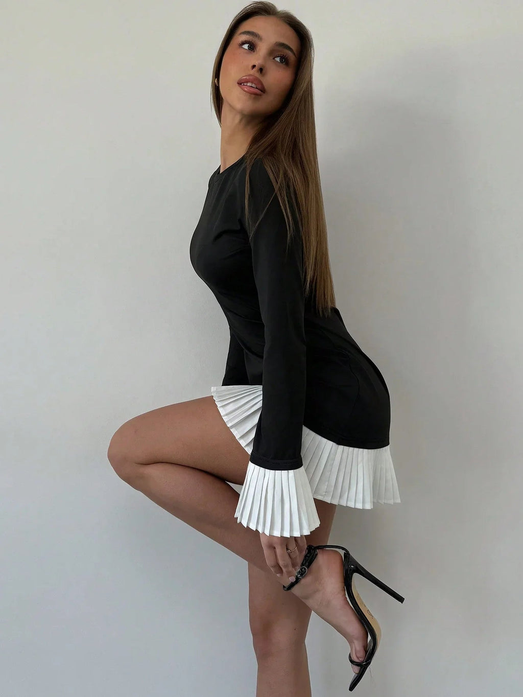 Flattering Round Neck Long Sleeve Colorblock Splice Dress