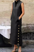 Ivana Minimalist Casual Long Dresses with Pocket Slit and Stand Up Collar Chic Silhouette Collection