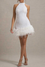 Ingrid Boutique Party Evening Dresses with Sequins, Zipper, Feather Hem and Halterneck Premium Wardrobe Essential