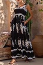 Fernanda Luxe Holiday Dress Geometric Print Pocket Thready Selvedge Square Neck Long Dresses (3 Colors) Boutique Collection