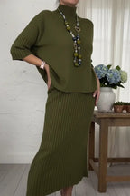 Solid Color Loose-fitting Turtleneck Knit Sweater and Stretchy Elegant Midi Skirt Set
