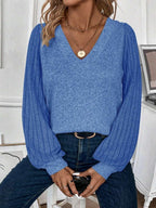 Plus Size V Neck T Shirt With Warm Lining And Bishop Sleeve
