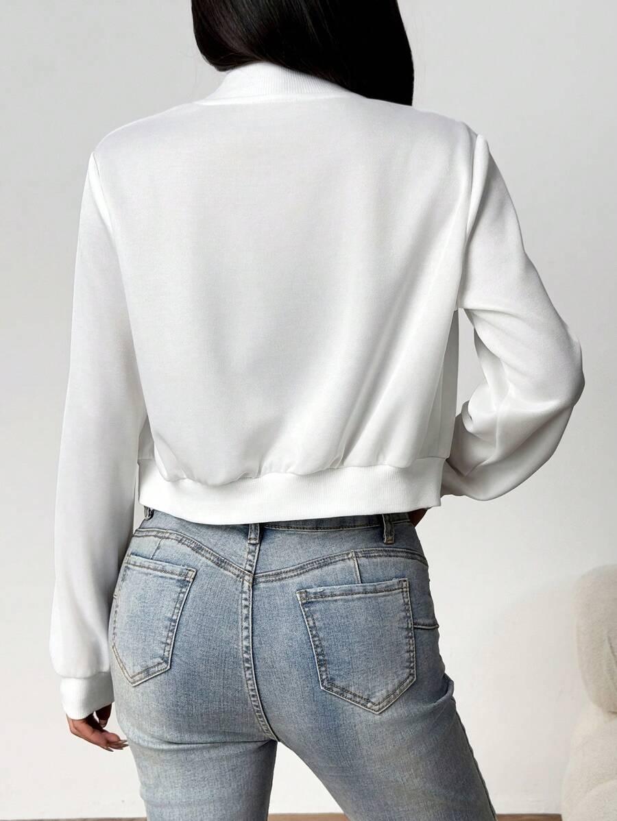 Solid Zip Up Crop Bomber Jacket With Baseball Collar