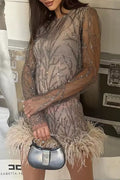 Elvira Elevated Mini Dresses with O Neck and Tinsel Feather Hem in Mesh Fabric Occasion Wear
