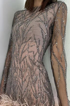 Elvira Elevated Mini Dresses with O Neck and Tinsel Feather Hem in Mesh Fabric Occasion Wear