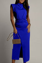 Corina Statement Ruched Slit Wrap O Neck Skirt Dresses (3 Colors) Boutique Dress Collection