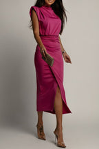 Corina Statement Ruched Slit Wrap O Neck Skirt Dresses (3 Colors) Boutique Dress Collection