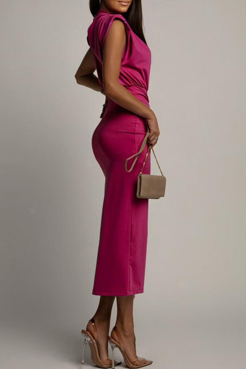 Corina Statement Ruched Slit Wrap O Neck Skirt Dresses (3 Colors) Boutique Dress Collection