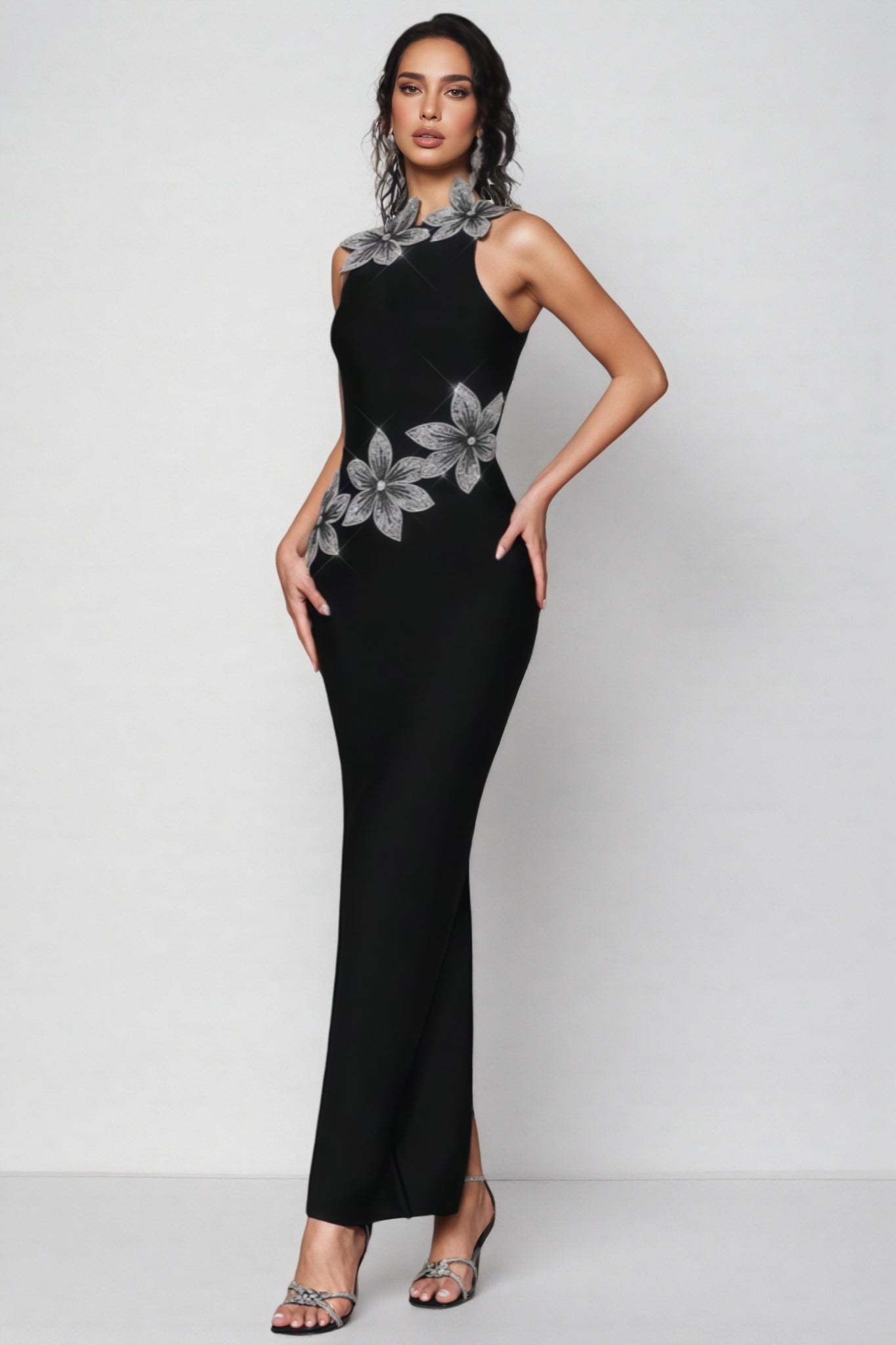 Pam 3D Floral Diamond Bandage Maxi Dress