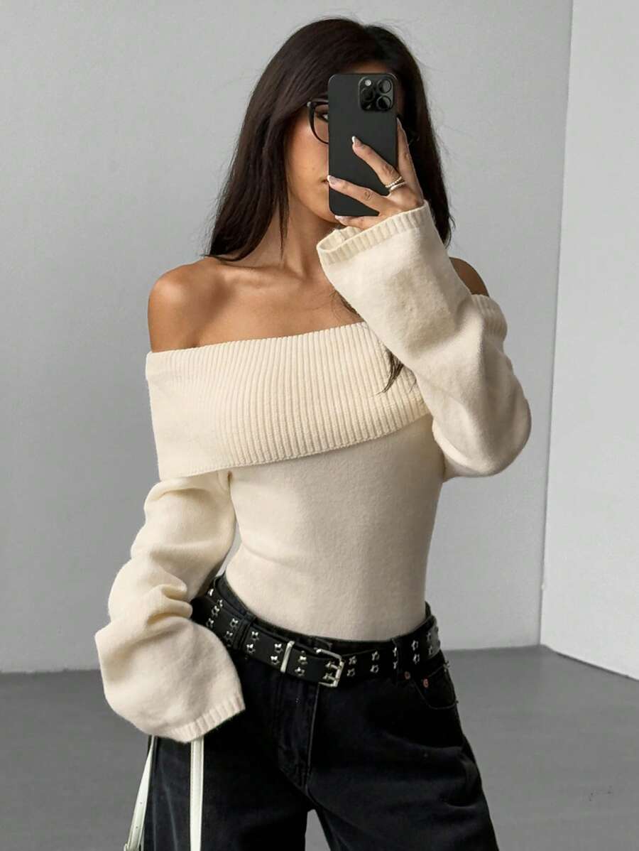 Off Shoulder Foldover Ribbed Knit Jumper