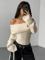 Off Shoulder Foldover Ribbed Knit Jumper