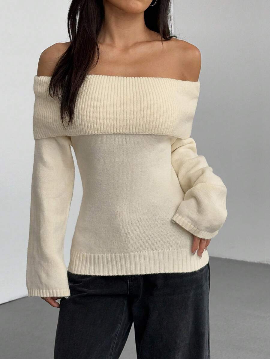 Off Shoulder Foldover Ribbed Knit Jumper
