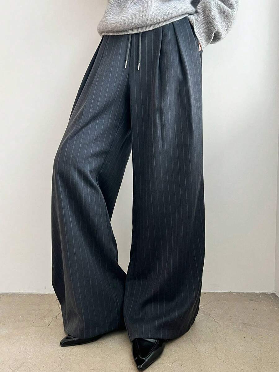 Minimalist Wide Leg Pants For Women Casual Solid Color Long Loose Mid Waist Trousers