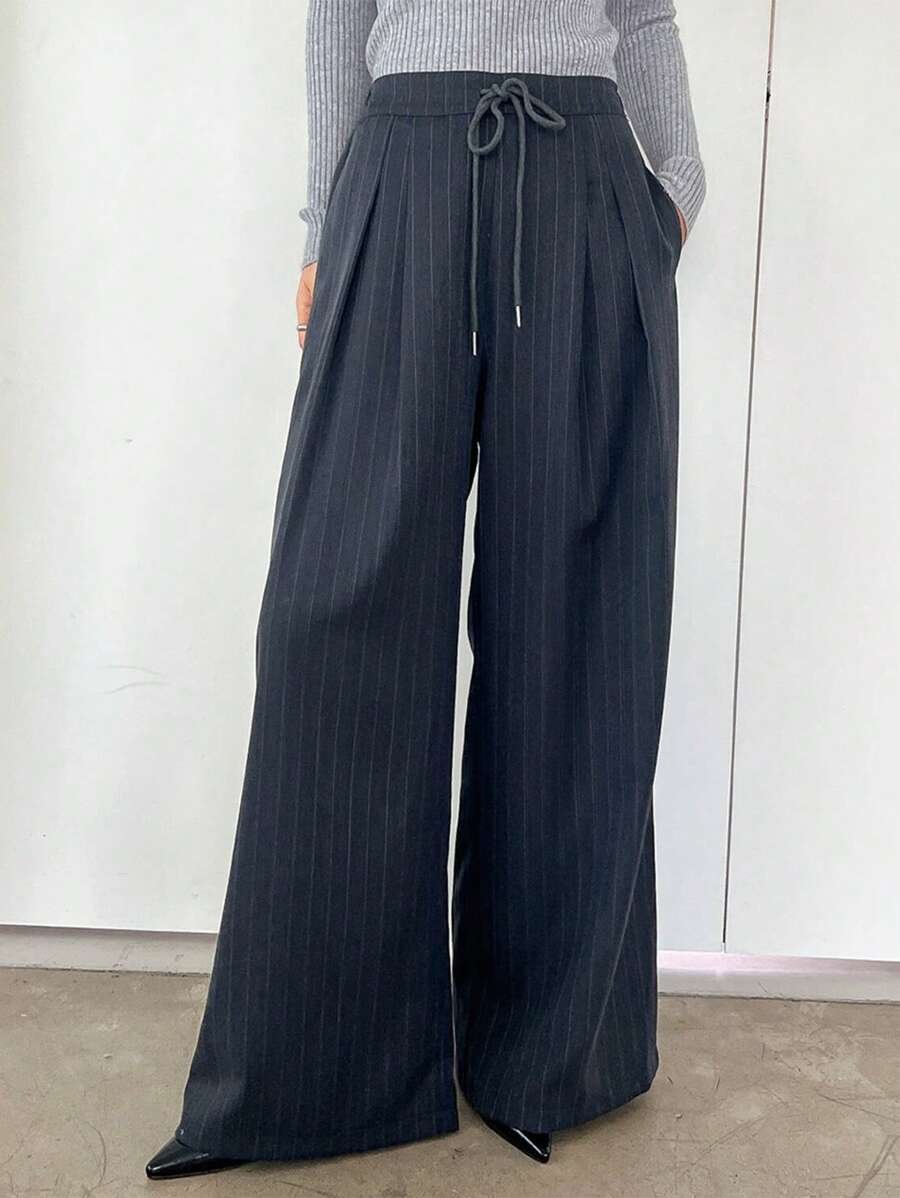 Minimalist Wide Leg Pants For Women Casual Solid Color Long Loose Mid Waist Trousers
