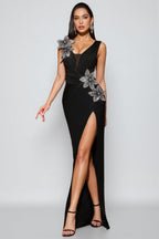 Ferean Diamond Studded Floral Bandage Maxi Dress