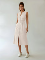 Belted Linen Sleeveless Notched Neck Midi Dress With Colorblock Panels For Elegant Formal Evenings