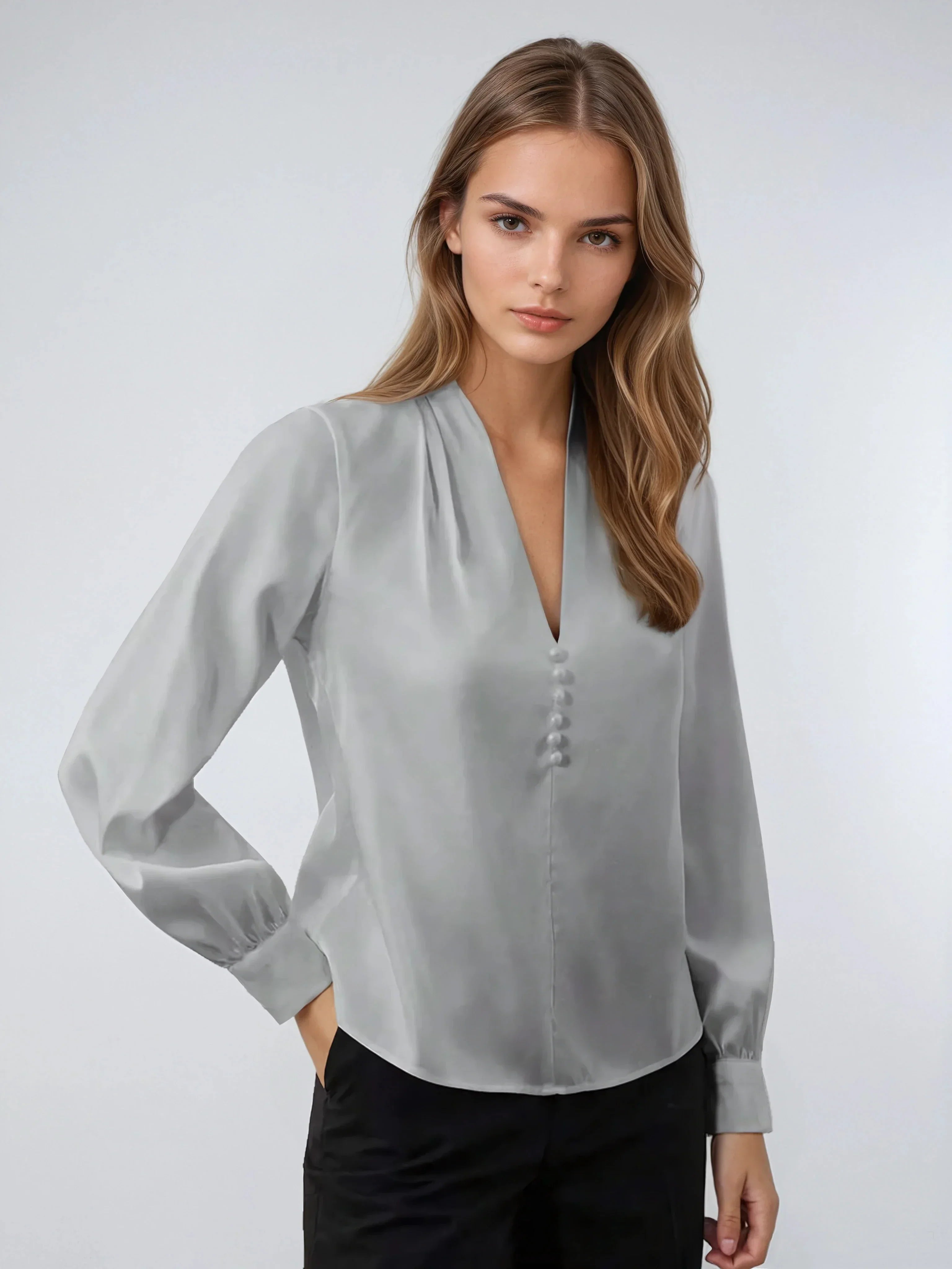 Deep V Neck Satin Long Sleeve Blouse For Business Elegance