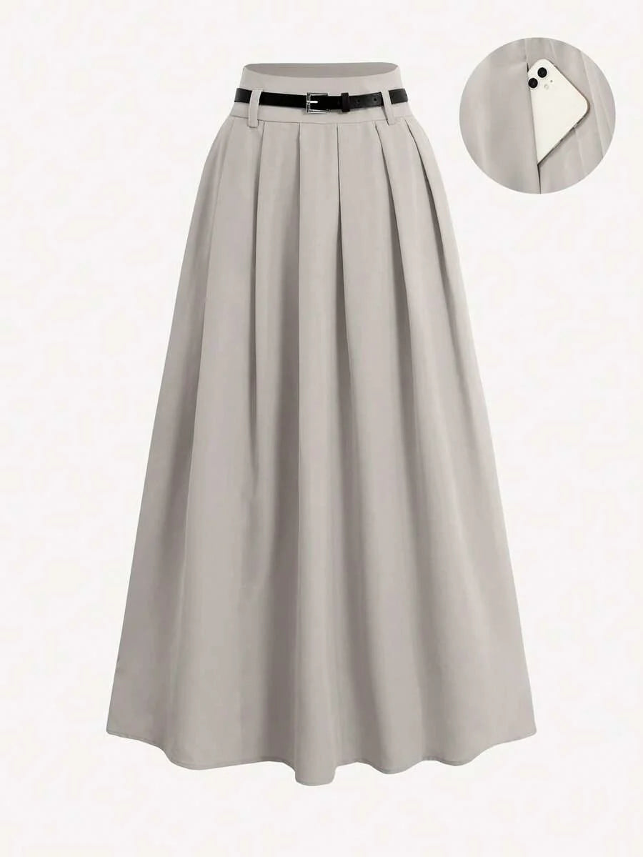 Pleated High Waist Decorative Belt Skirt With Pockets