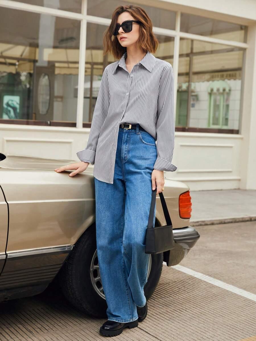Front Button-Down Long Sleeve Shirt Versatile Elegant Chic